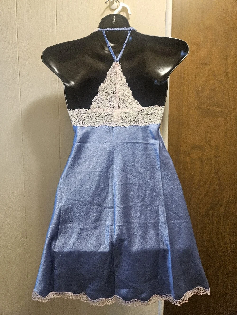 NWOT Victoria's Secret Blue Satin and Pink Lace Halter Chemise - Picture 2 of 3